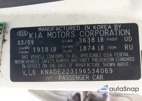 2009 Kia Rio Lx z USA, uszkodzony, nr VIN KNADE223196534069